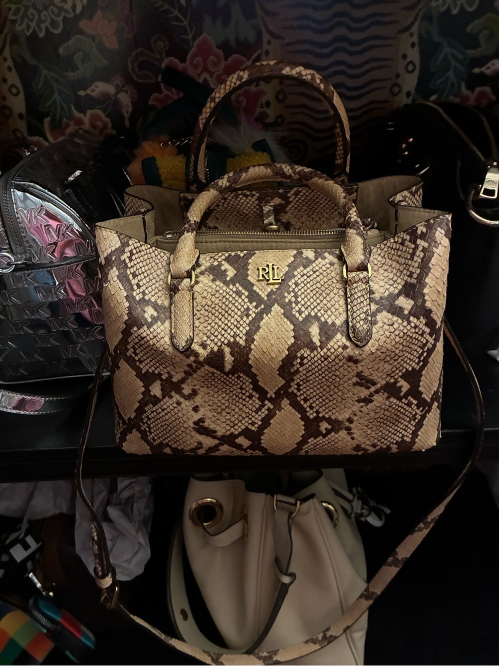 Lauren Ralph Lauren Beige and Brown Snake-Print Satchel